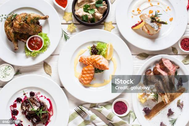 Fish And Meat Meals Variety Flat Lay Stock Photo - Download Image Now - Food, Luxury, Table