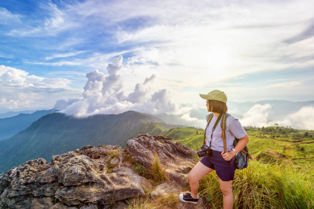 istock Girl tourist scenic mountains 646207154