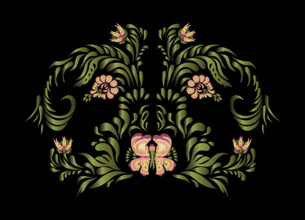Illustration in folk style. Beautiful border with flowers in vintage style.