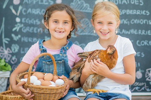 Two elementary age girls are selling eggs together at the farmers market. They are smiling and looking at the camera.