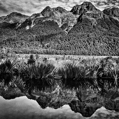 The awe inspiring landscape of Mirror Lakes in Fiordland National Park, New Zealand.