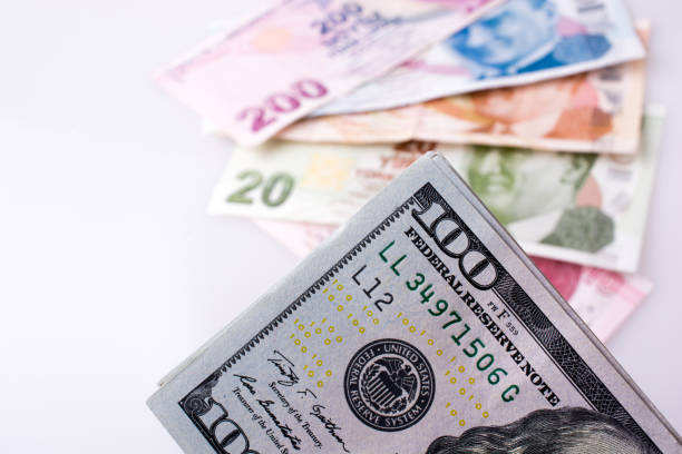 istock American dollar banknotes and Turksh Lira banknotes side by side 646238486
