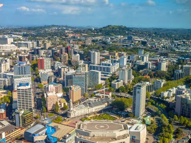 AUCKLAND, NEW ZEALAND - OKTOBER 27 2016:  Aerial view over Auckland downtown city center Newmarket and mount Eden area, New Zealand