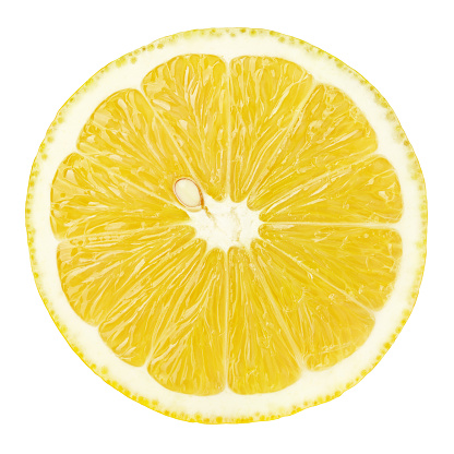 Top view of textured ripe slice of lemon citrus fruit isolated on white background with clipping path