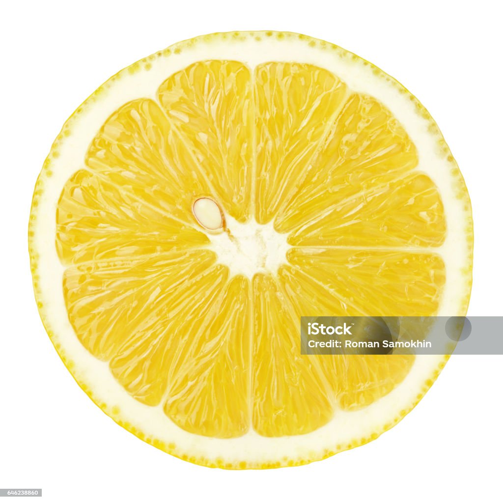 slice of lemon citrus fruit isolated on white Top view of textured ripe slice of lemon citrus fruit isolated on white background with clipping path Lemon - Fruit Stock Photo