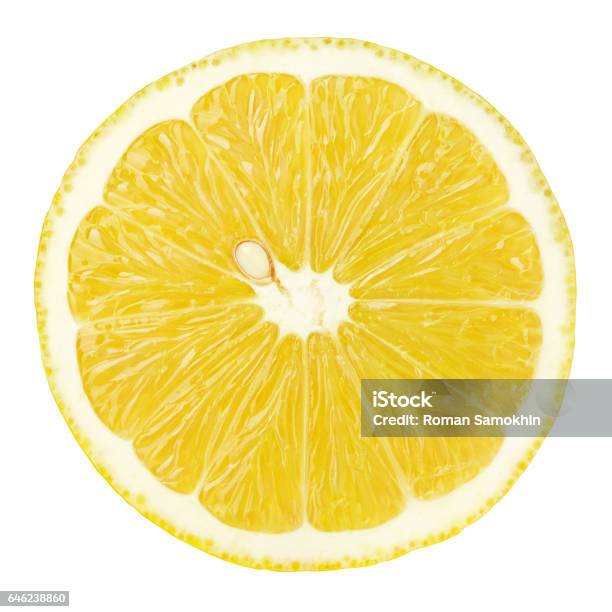 Slice Of Lemon Citrus Fruit Isolated On White Stock Photo - Download Image Now - Lemon - Fruit, Close-up, Slice of Food