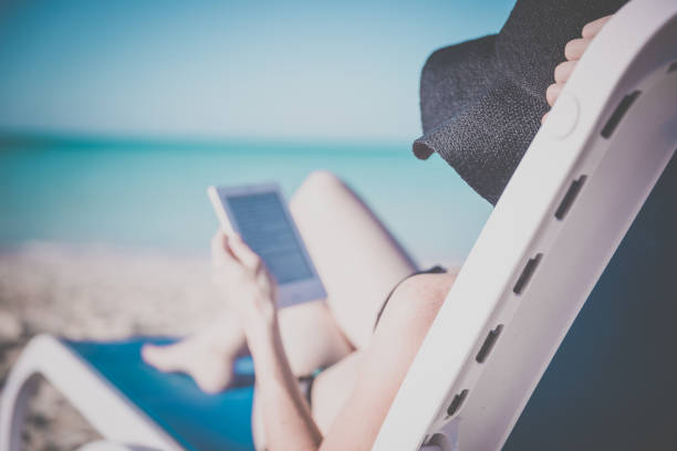 istock Woman Relaxing at Beach with Electronic Book Reader 646261074