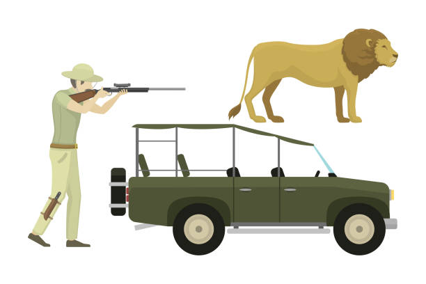 ilustrações de stock, clip art, desenhos animados e ícones de cartoon illustration of hunter aiming rifle vector character - vista aérea de carro isolado