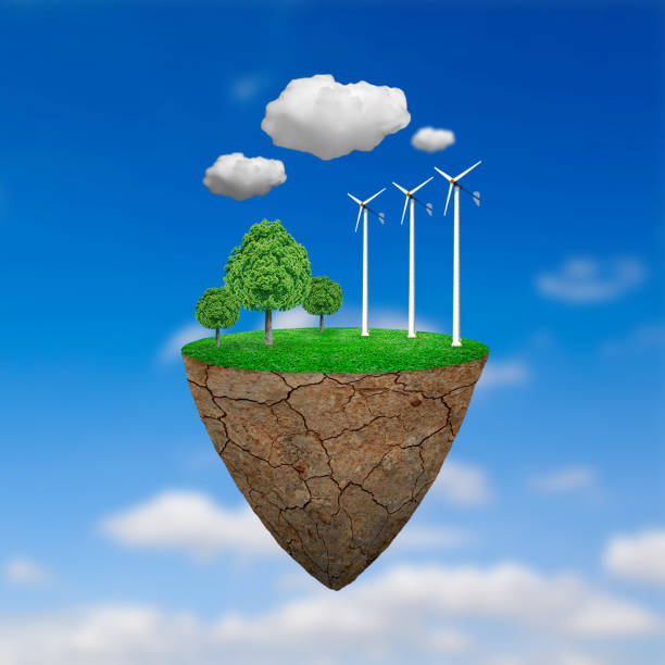istock Wind power station mills and trees on the lawn. Natural concept. 646275742