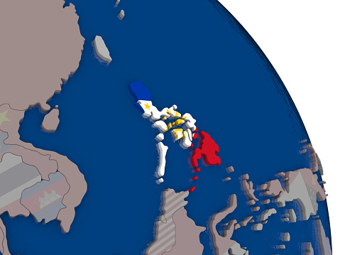 Philippines with embedded national flag on globe. Highly detailed 3D illustration with accurate flag colors and country borders 3D model of planet created and rendered in Cheetah3D software, 23 Feb 2017.