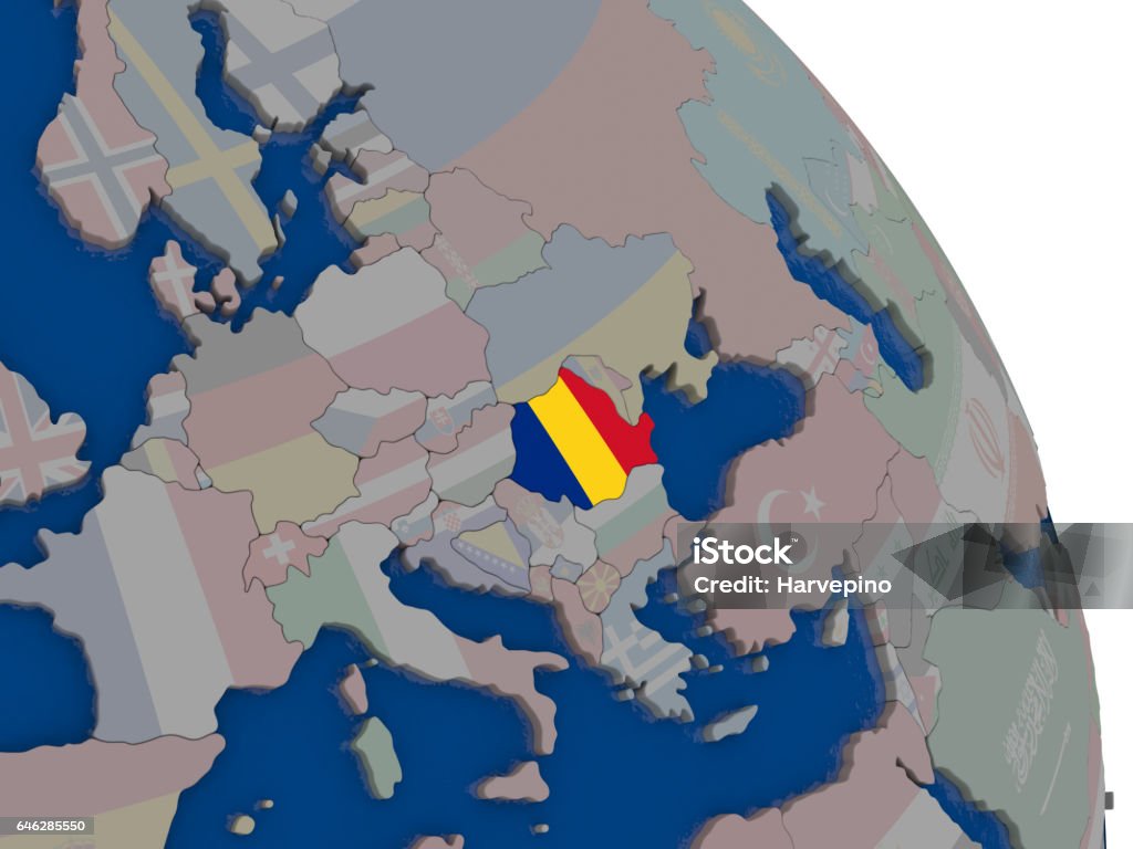 Roemenië met vlag op de wereldbol - Royalty-free Digitaal beeld Stockfoto Roemenië met vlag op de wereldbol - Royalty-free Digitaal beeld Stockfoto