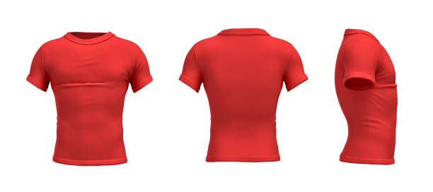 istock 3d rendering of a red T-shirt in realistic slim shape in side, front and back view on white background 646298930