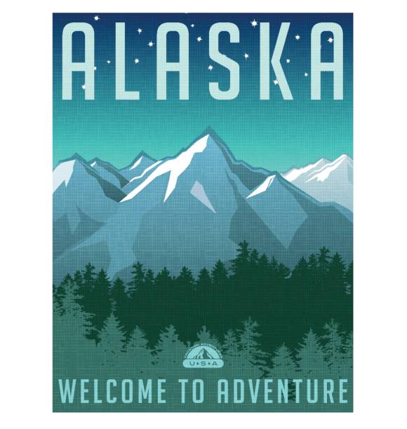 Alaska travel poster. Vector illustration of scenic snowy mountain landscape and the evening sky. Alaska travel poster. Vector illustration of scenic snowy mountain landscape and the evening sky. alaska landscape stock illustrations