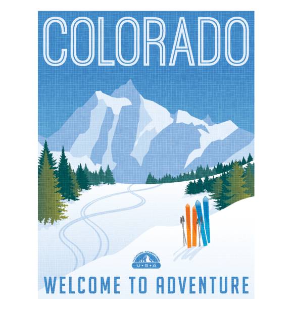 ilustraciones, imágenes clip art, dibujos animados e iconos de stock de cartel del viaje de colorado. ilustración de vector de esquiar en las montañas rocosas. - snowcapped mountain mountain range snow