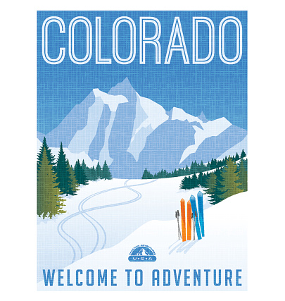 Colorado travel poster. Vector illustration of skiing in rocky mountains.