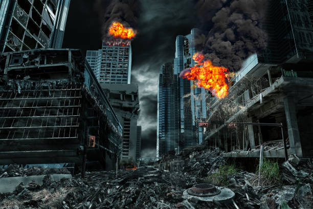 Cinematic Portrayal of Destroyed City Detailed destruction of fictitious city with fires, explosions, debris and collapsing structures. Concept of war, natural disasters, judgment day, fire, nuclear accident or terrorism. ghost town stock pictures, royalty-free photos & images