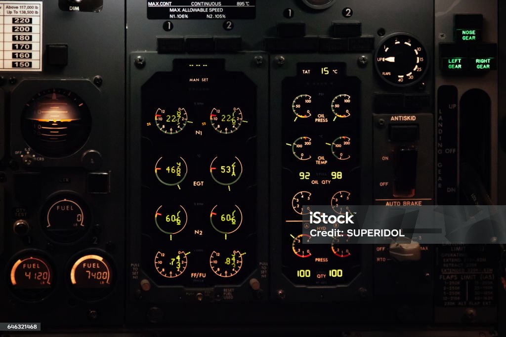 Airplane Cockpit Interior of an aircraft cockpit Control Panel Stock Photo