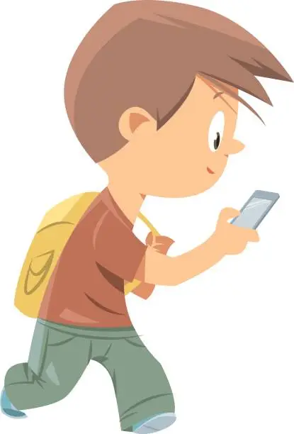 Vector illustration of Kid Walking With Smart Phone