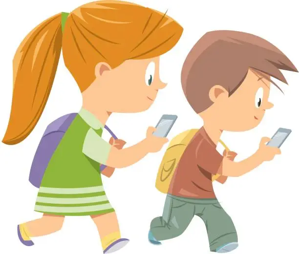 Vector illustration of Kids Walking With Smart Phone