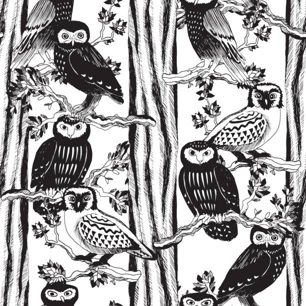 Hand drawn seamless pattern with owls. Hand drawn seamless pattern with owls. Black and white doodle birds drawn on the tile texture. background of a owl black and white stock illustrations