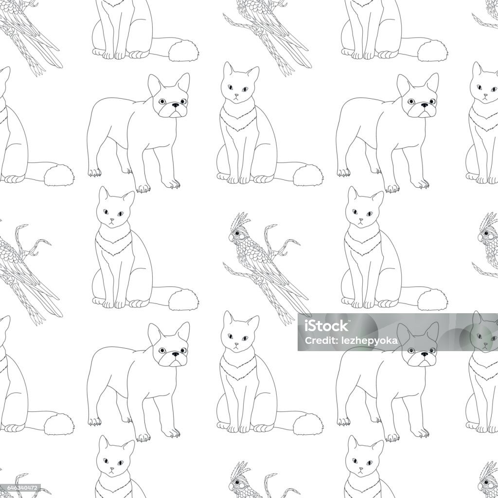 Black and white seamless pattern with pets. Black and white seamless pattern with pets. Childish coloring page with cat, bulldog and corella parrot. Monochrome tile texture for wrapping or scrapbook paper. Vector illustration. Animal stock vector