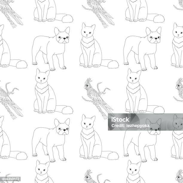 Black And White Seamless Pattern With Pets Stock Illustration - Download Image Now - Animal, Animal Hair, Animal Wildlife