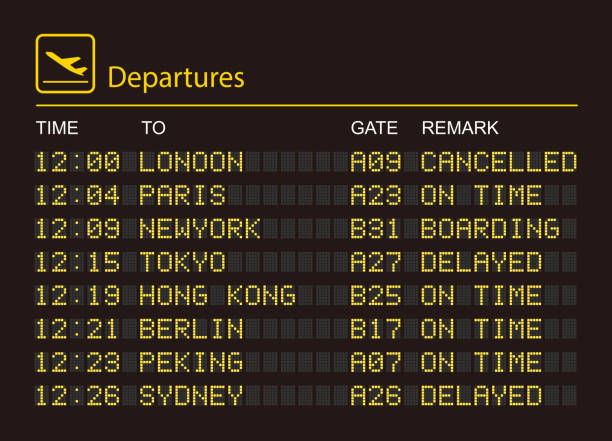 Departures information board High resolution jpeg included. commercial airplane stock illustrations