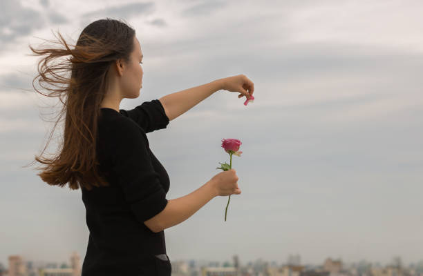 Young girl plucks a petal from a rose over a city view stock photo