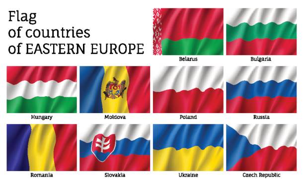 Vector flags of Eastern Europe countries. Set of vector waving flags of Eastern Europe countries. Ensigns on flagpole - symbols of Eastern Europe states. 3d icons isolated on white background. moldovan flag stock illustrations