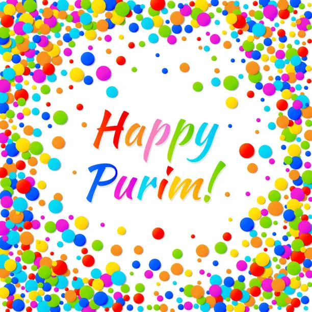 Vector illustration of Vector Happy Purim carnival text with colorful rainbow colors paper confetti frame isolated on white background. Purim Jewish holiday.