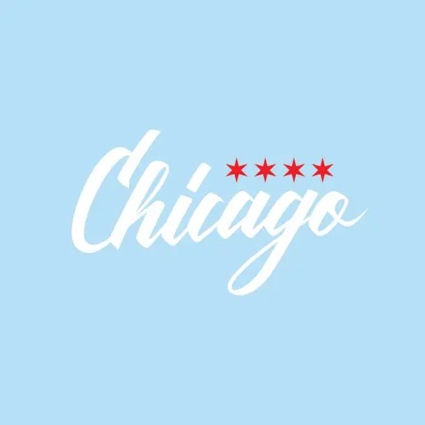 Vector illustration of Handwritten city name Chicago with flag stars.