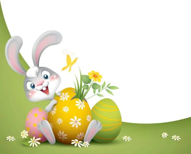 Vector illustration of easter bunny with big eggs background