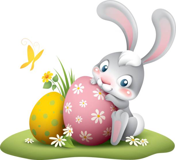ilustraciones, imágenes clip art, dibujos animados e iconos de stock de conejito de pascua con huevo grande - easter bunny