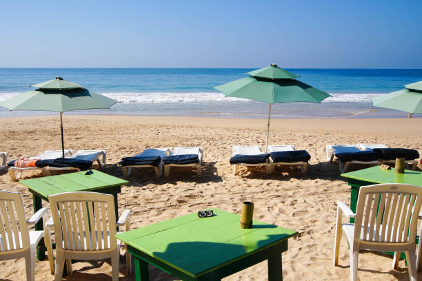 istock Tables and Sunbeds with Umbrella at Mirissa Beach 646374250