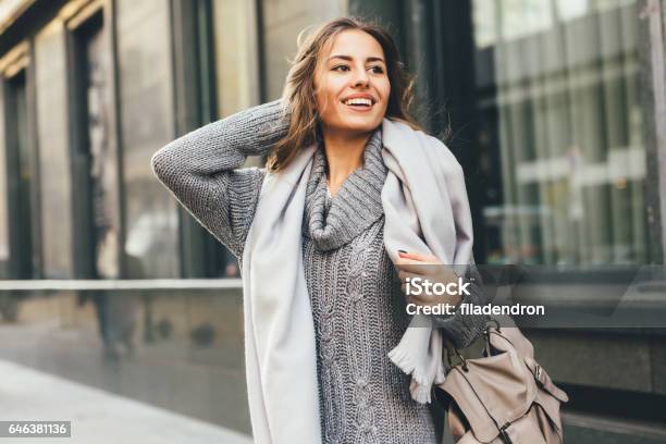 Beautiful Woman In The City Stock Photo - Download Image Now - Sweater, Gray Color, One Woman Only