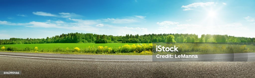 panorama de primavera soleado carretera en día - Foto de stock de Vía libre de derechos