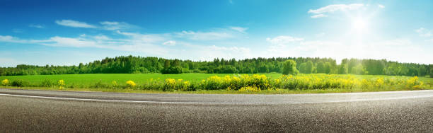 Road panorama on sunny spring day asphalt road panorama in countryside on sunny spring day wide field stock pictures, royalty-free photos & images