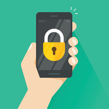 Smartphone in hand with lock icon on screen vector illustration, flat style locked mobile phone