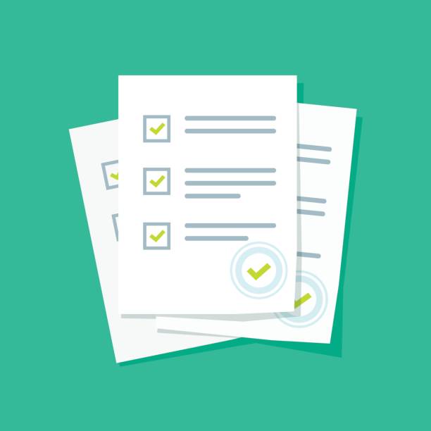 Survey or exam form paper sheets pile with answered quiz checklist and success result assessment Survey or exam form paper sheets pile with answered quiz checklist and success result assessment, idea of education test, questionnaire, document vector illustration flat style exam paper stock illustrations