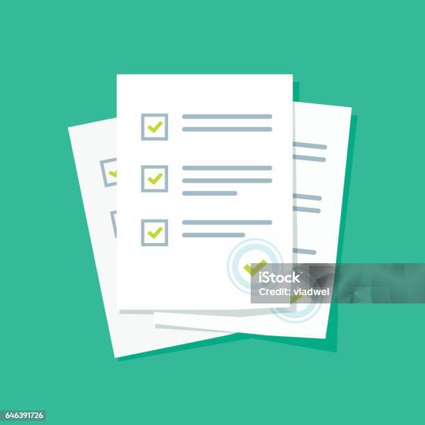 Survey Or Exam Form Paper Sheets Pile With Answered Quiz Checklist And Success Result Assessment Stock Illustration - Download Image Now