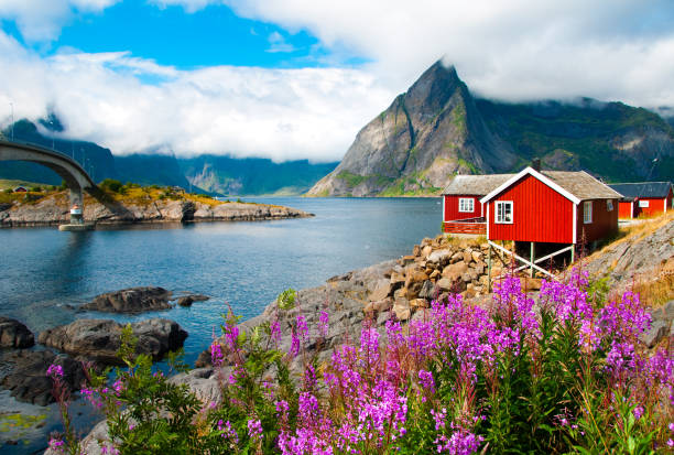 Lofoten islands  in Northern Norway Landscape with red fisherman houses on Lofoten islands, Norway fjord stock pictures, royalty-free photos & images