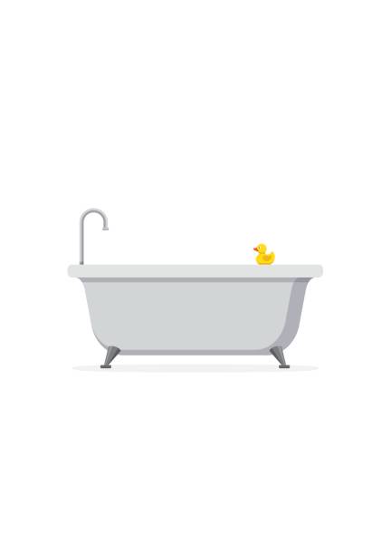 Bathtub and bath yellow rubber duck isolated on white background. Bath time in flat style vector illustration Bathtub and bath yellow rubber duck isolated on white background. Bath time in flat style vector illustration bathroom designer shower house stock illustrations