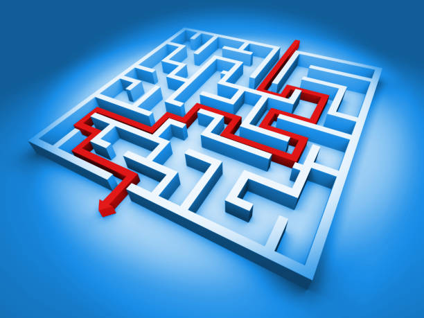 istock white maze structure with red arrow showing the path through the maze 646404388
