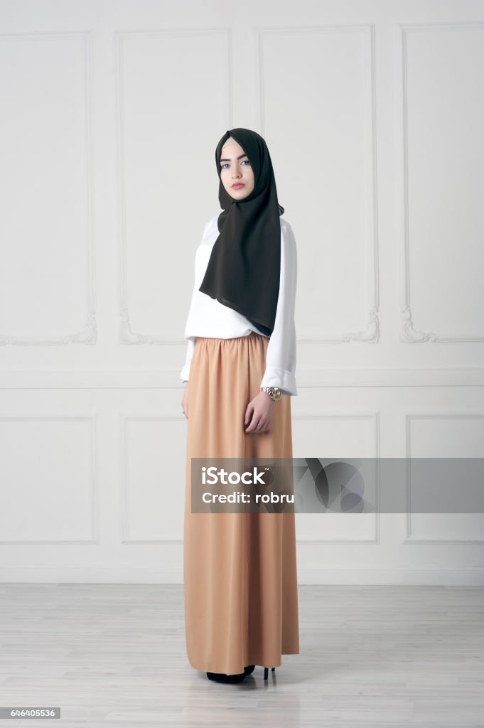 modern Islamic Muslim woman in fashionable dress in full growth modern Islamic Muslim woman in fashionable dress in full growth, Tatarstan Hijab Stock Photo