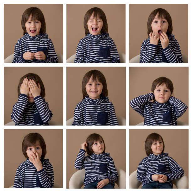 istock Cute collage of a young boy isolated on brown background 646415894