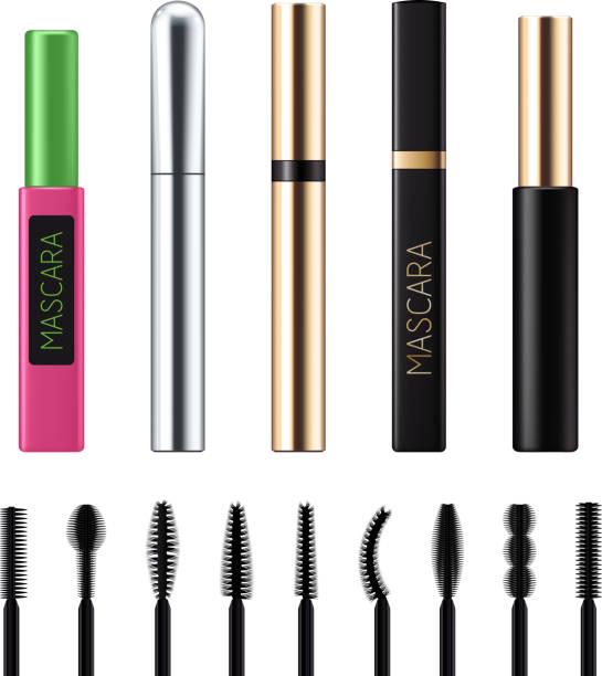 Mascara tubes with brushes set. Luxury cosmetic products vector 3D illustration. Good for ads design.