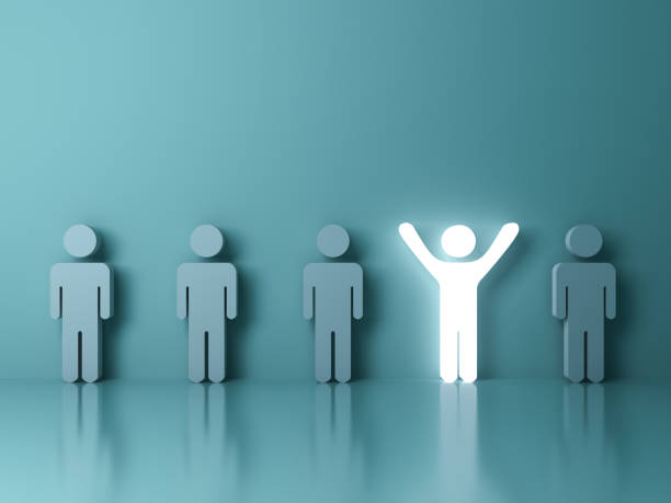 istock Stand out from the crowd and different creative idea concepts , One glowing light man standing with arms wide open among other people on green background 646417780