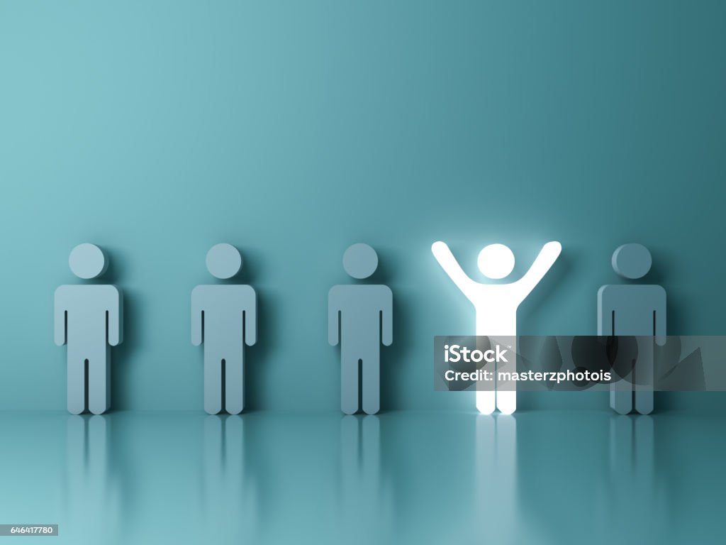 Stand out from the crowd and different creative idea concepts , One glowing light man standing with arms wide open among other people on green background Stand out from the crowd and different creative idea concepts , One glowing light man standing with arms wide open among other people on green background with reflections and shadows . 3D rendering. Icon Symbol Stock Photo