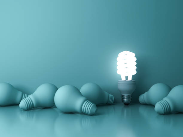 istock Energy saving light bulb , one glowing fluorescent lightbulb standing out from dead incandescent bulbs on green background , individuality and different creative idea concepts 646417992