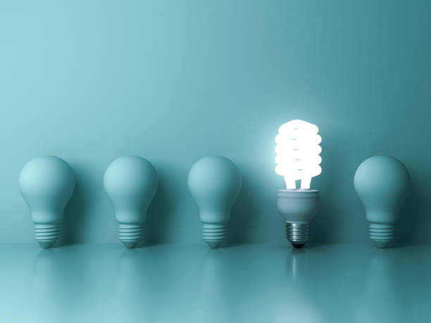 istock Eco energy saving light bulb , one glowing compact fluorescent lightbulb standing out from unlit incandescent bulbs reflection on green background 646418076